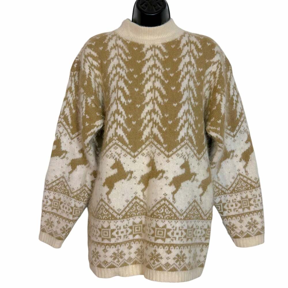 Vtg 90s Rafaella Angora Wool Reindeer Sweater Fair Isle Mock Neck Tan Cream M
